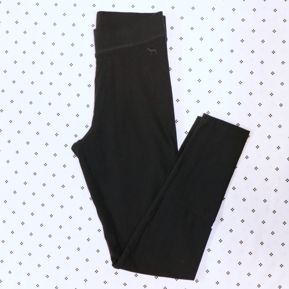 VS PINK Basic Black Cotton Leggings With Puppy Embroidery
